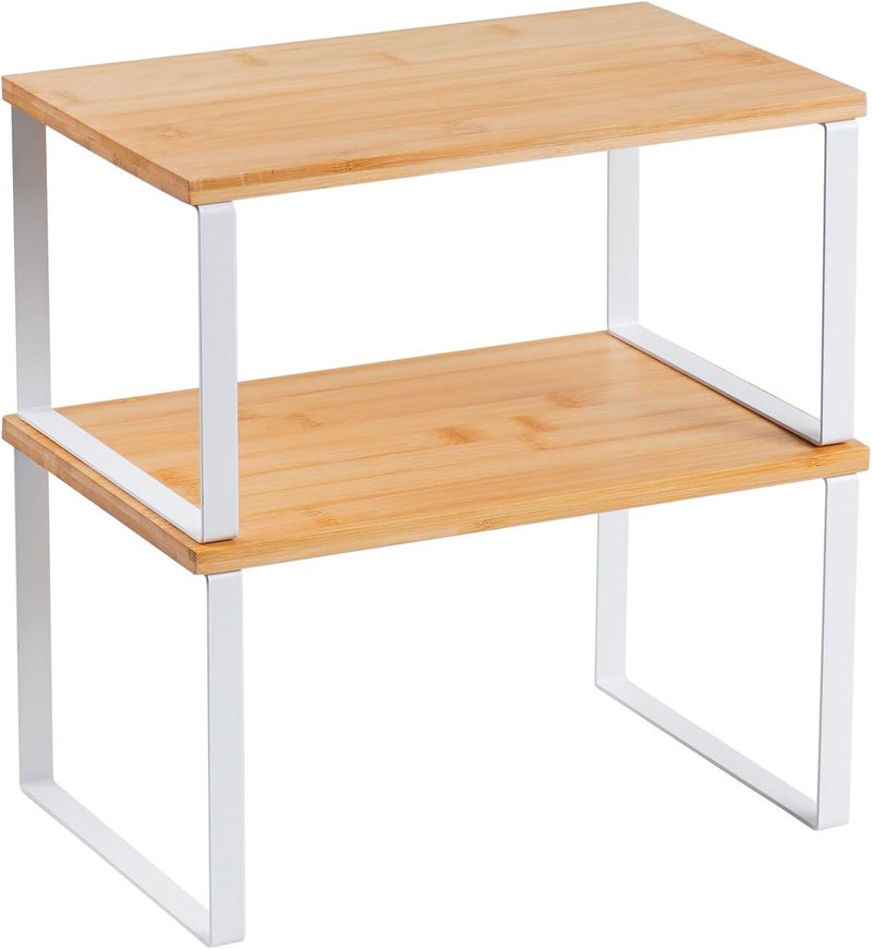 HEY FOLY Kitchen Cabinet Organizer Shelf, Set of 2 Stackable Counter Shelves, Small Wood Cabinet Riser Shelf for Pantry Cupboard Spice Dish Mug Cup, Expandable, Metal Engineered Wood (Beige & White, 11.7''W) - Image 1
